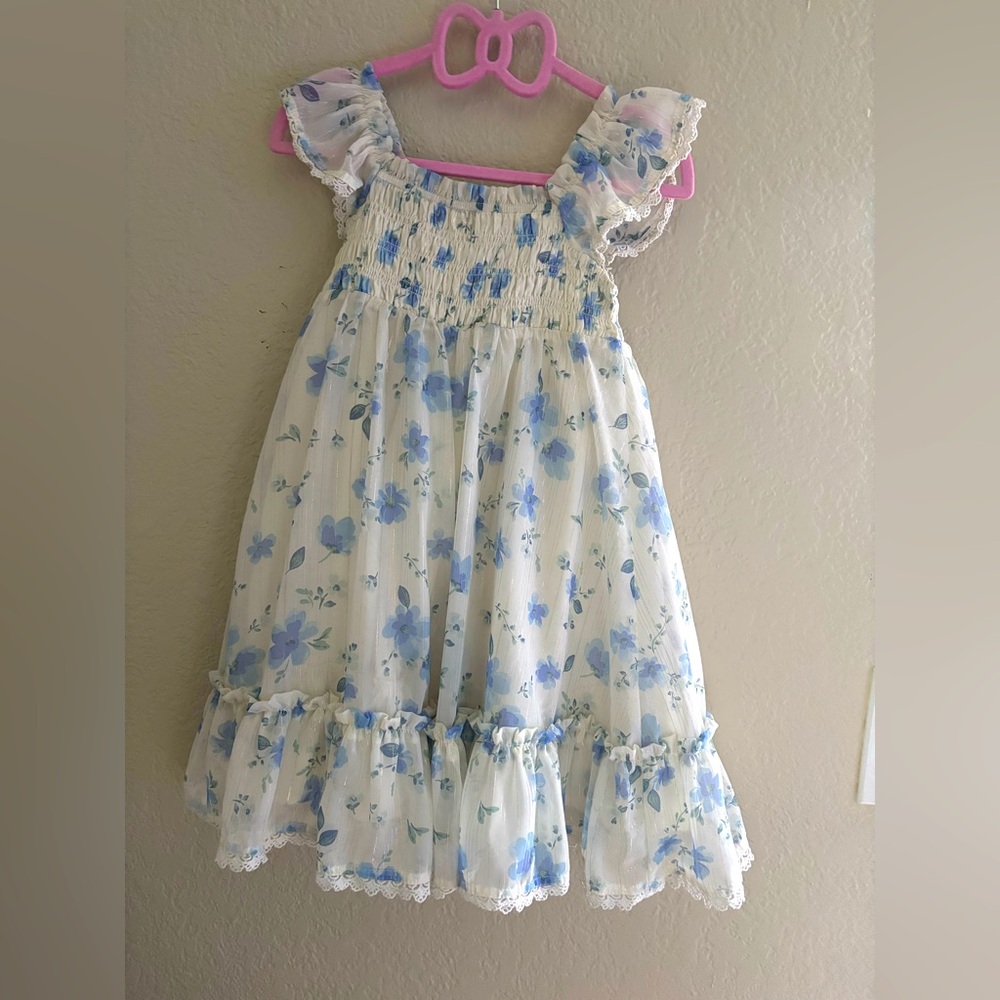 White Ruffle Dress with Blue flowers